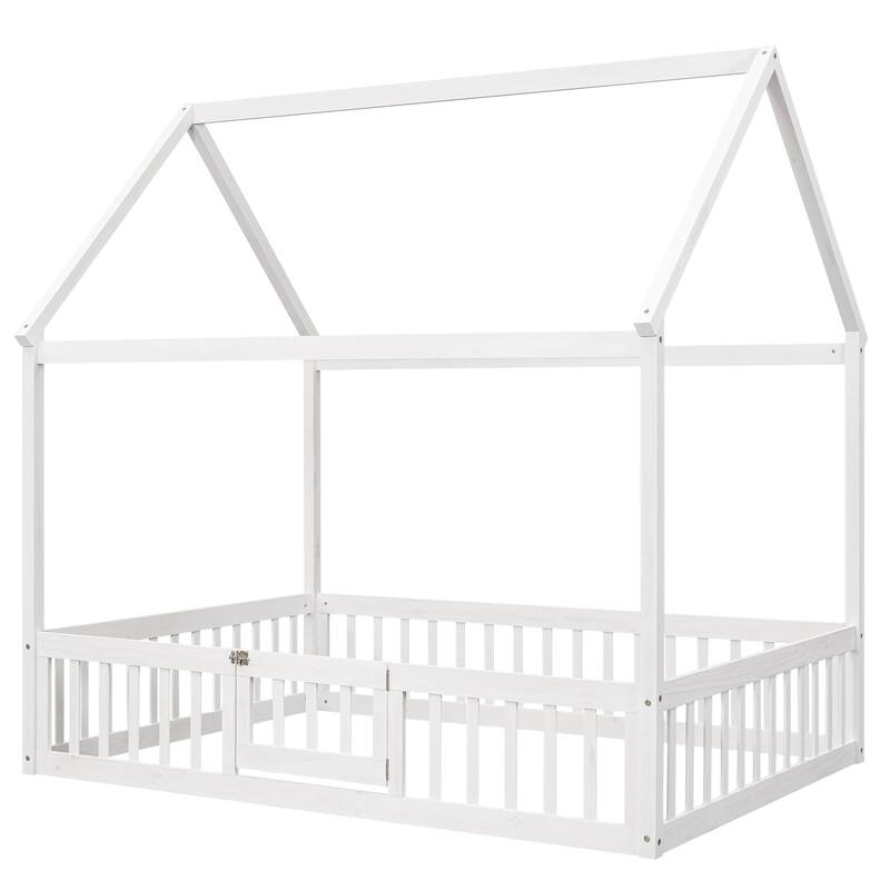Pine House Bed with Fence and Door