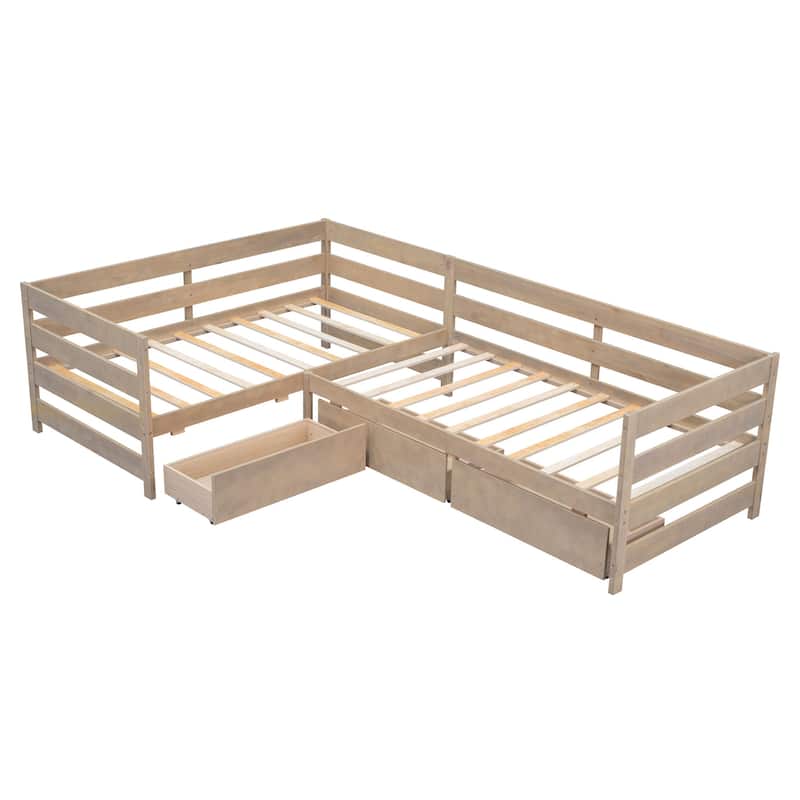 Twin Size L-Shaped Platform Bed With Three Storage Drawers
