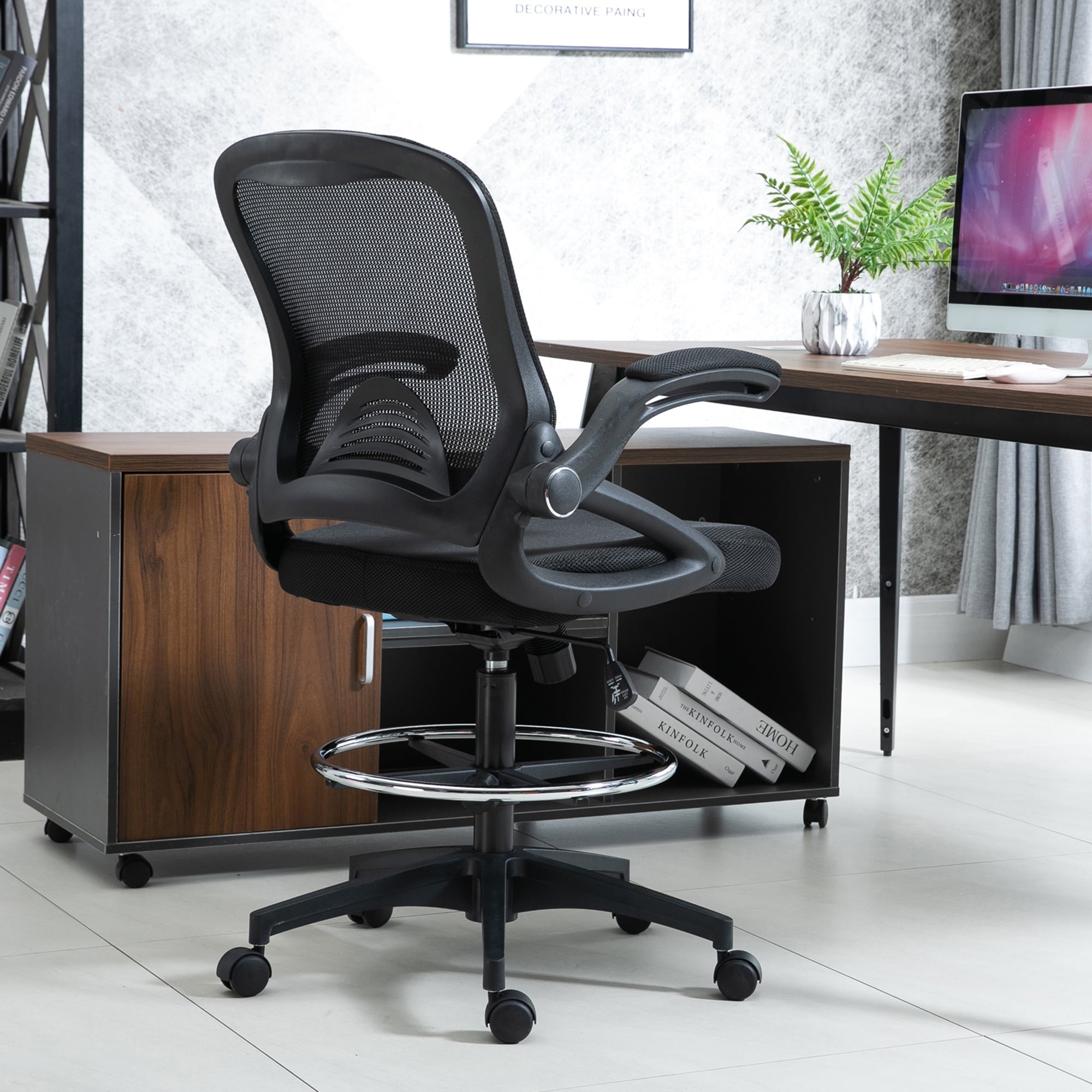 Gymax Swivel Drafting Chair Tall Office Chair w/ Adjustable Backrest - Black