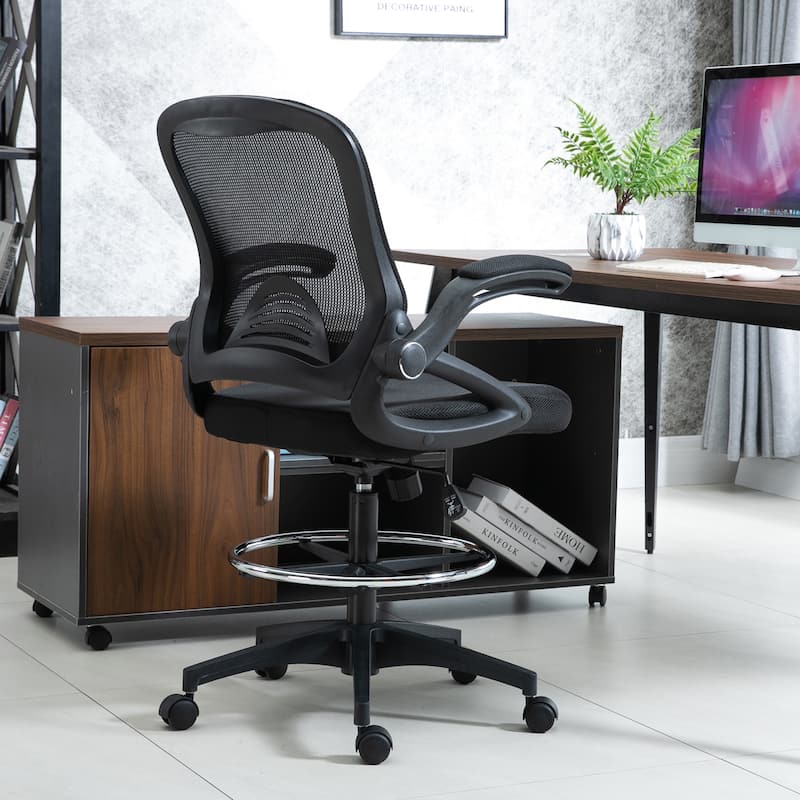 Vinsetto Drafting Office Chair with Flip-Up Armrests, Footrest Ring and Adjustable Seat Height, Black - Black