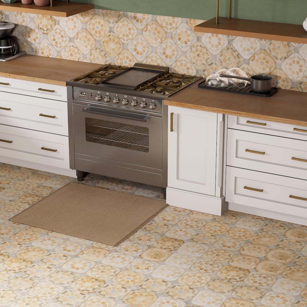 Merola Tile Laverton Octagon Deco Multicolor with Taco Gris 7-7/8" x 7-7/8" Porcelain Floor and Wall Tile