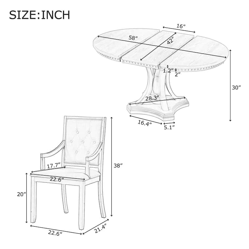Retro Dining Table and Chairs 5-piece Set, Retractable Round Table with 4 upholstered Chairs, Kitchen Dining Room Coffee Table