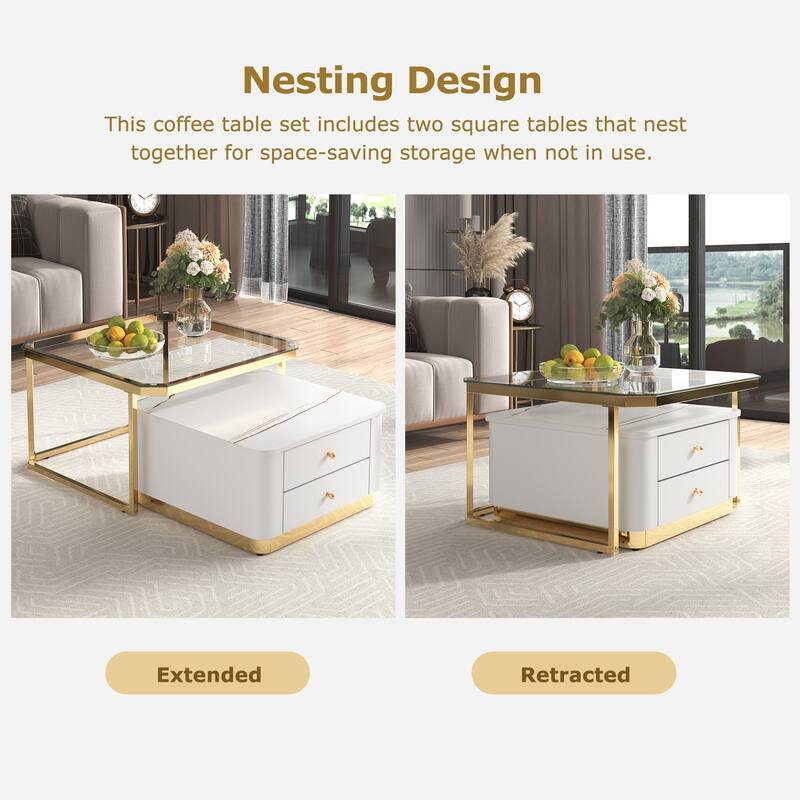 Modern 2 Pieces Square Nesting Coffee Table with Drawers