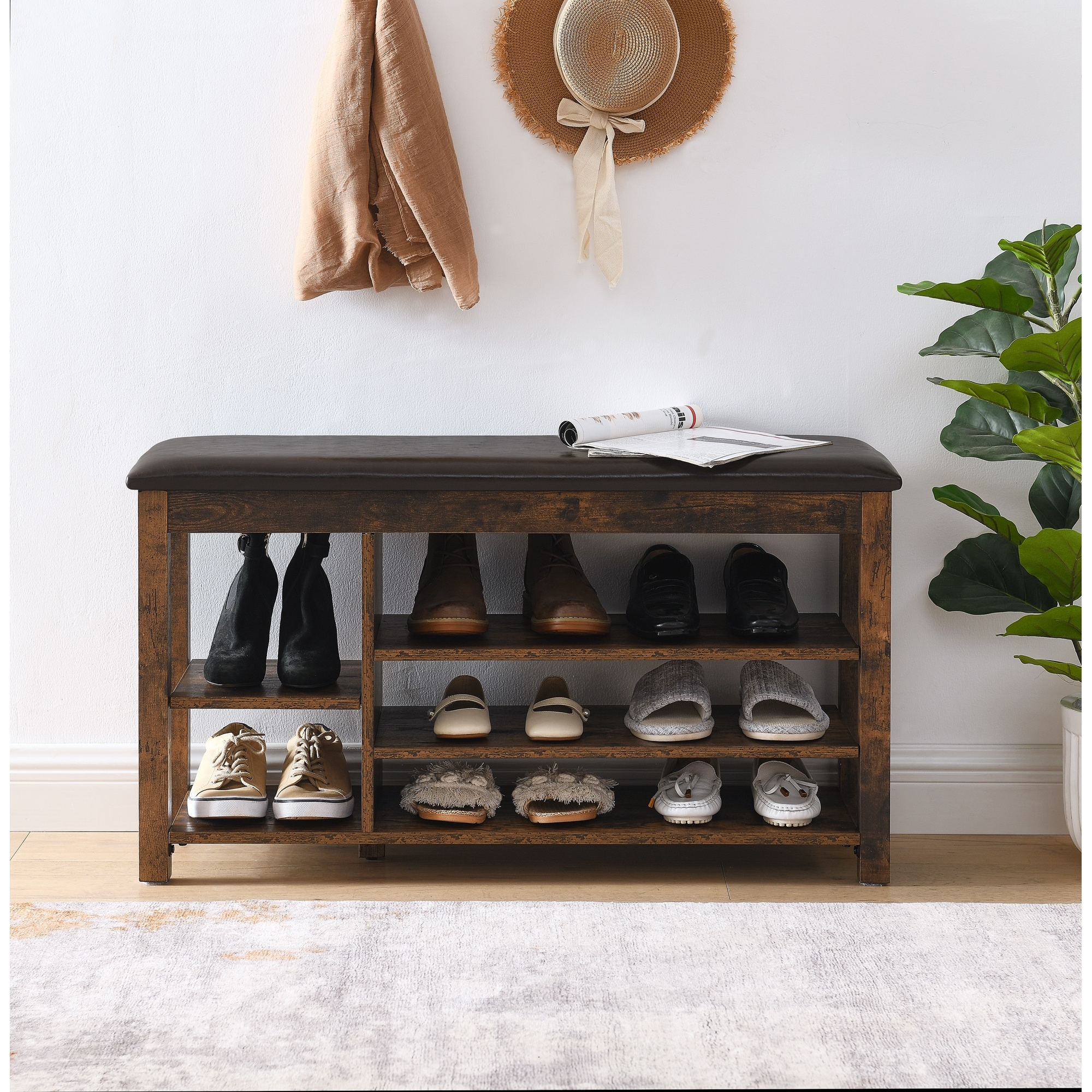 Roomfitters Height Adjustable Shoe Bench with Cushion Seat and Hidden Storage, Solid Rubberwood Frame, Charcoal Grain