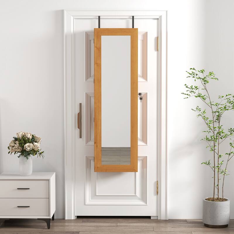 Solid Wood Jewelry Armoire Organizer Cabinet with Full-Length Mirror, 47.5x14.3 in Wall-Mounted Lockable with LED Light