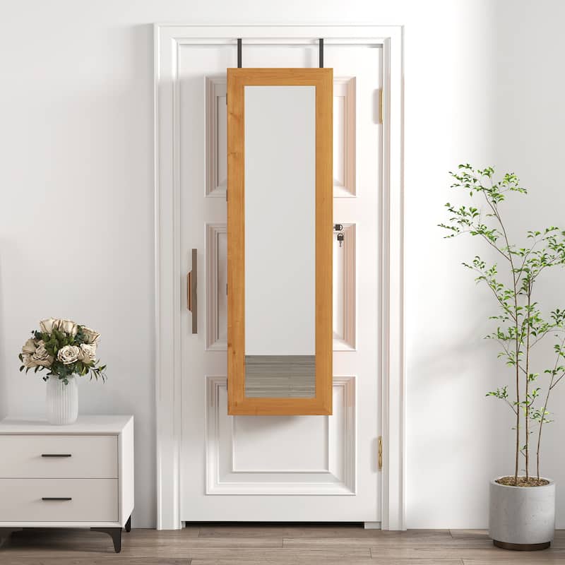Wall-Mounted Solid Wood Jewelry Cabinet with Full-Length Mirror, 47.5x14.3 Inch, Lockable Organizer with LED Lighting‌.