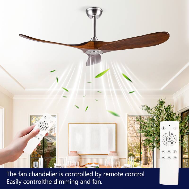 52" Solid Wood Ceiling Fan, Outdoor, 3 Blade, No Light, for Patio Living Room Bedroom Porch, Remote Control, Water Resistant