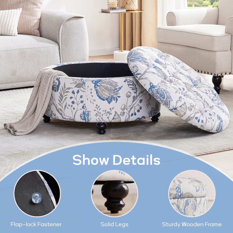 Tufted Large Round Storage Ottoman Footrest Beige/ Grey/ Blue