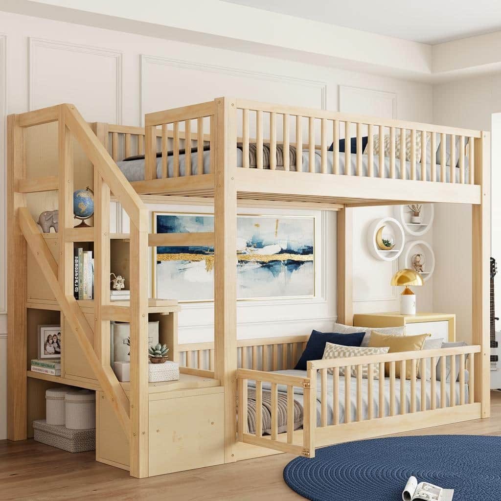 Twin Over Twin Wood Bunk Bed with Reversible Storage Stairs by Harper&Bright Designs.