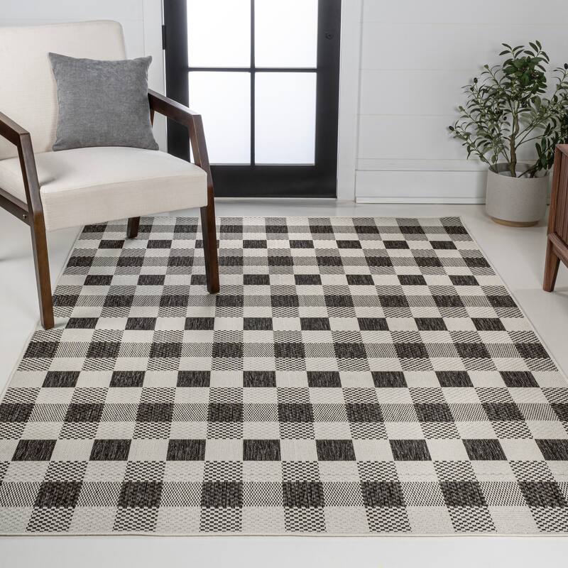 JONATHAN Y Biot Traditional Geometric Bold Gingham Black/Cream Indoor/Outdoor Area Rug