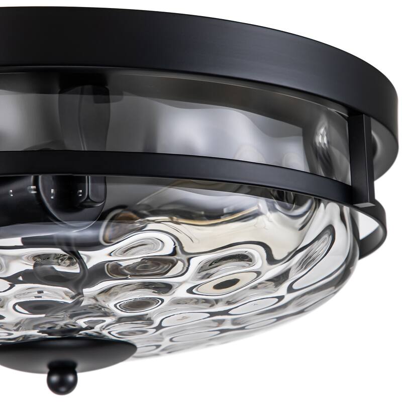 2-Light Modern Industrial Black Dome Clear Water Rippled Glass Flush Mount Ceiling Light - 12.9 in. W x 5.5 in. H