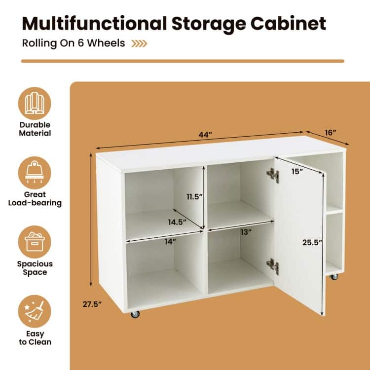 Wood Storage Cabinet with Wheels and 6 Compartments - 44" x 16" x 28" (L x W x H)