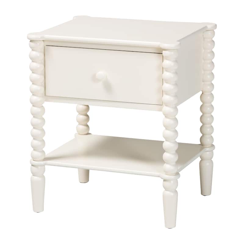 Rimona End Table with Bobbin Legs - 1-Drawer Accent Table with Spindle Turned Legs and Open Shelf, Cottage Farmhouse Side Table - White