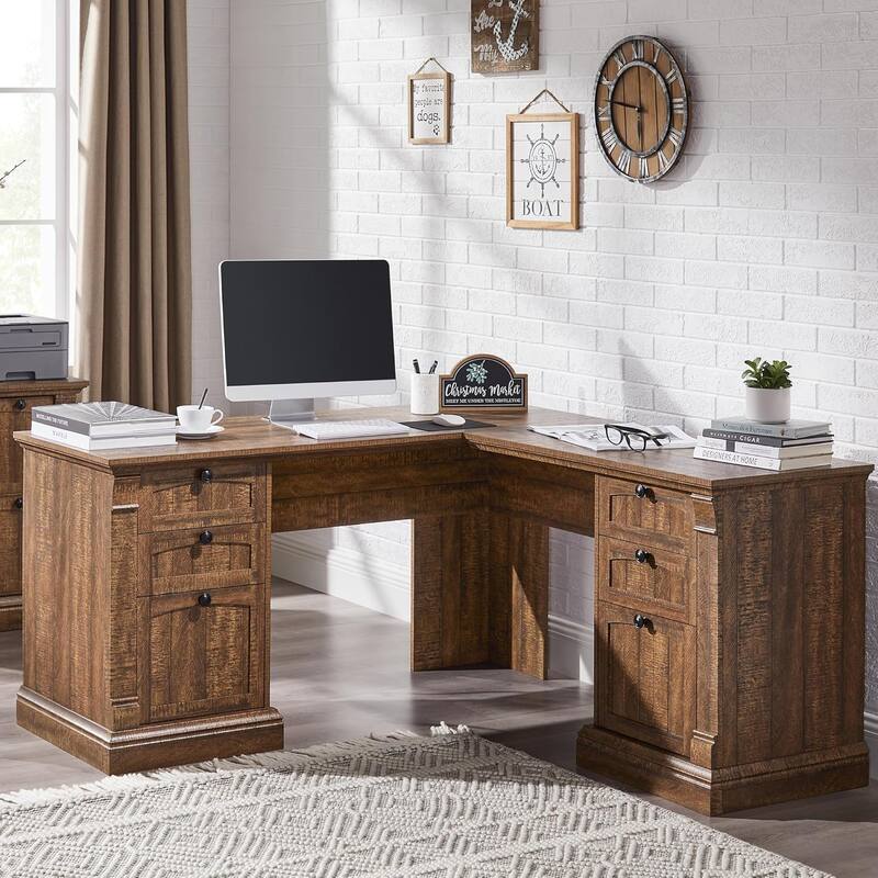 Farmhouse Computer Desk, Wood Home Office Desk with Charging Station - Reclaimed Barnwood