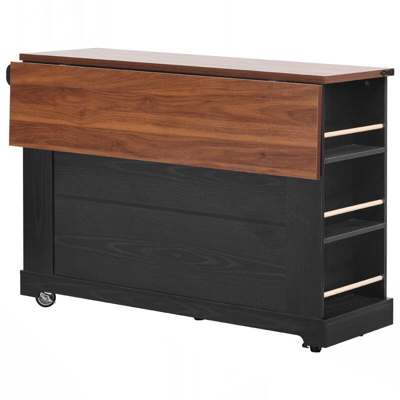 Kitchen Island with Two Tempered Glass Cabinet Doors, Power Outlet, Rolling Kitchen Cart on Wheels with Drop Leaf