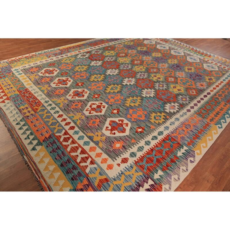 Kilim Oriental Rug Hand-Woven Multi-Color Reversible Wool Carpet - 9'7"x 12'9"