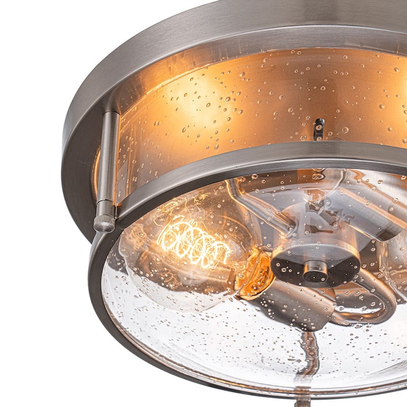 Farmhouse Black Round Seeded Glass Drum Semi Flush Ceiling Light -12in