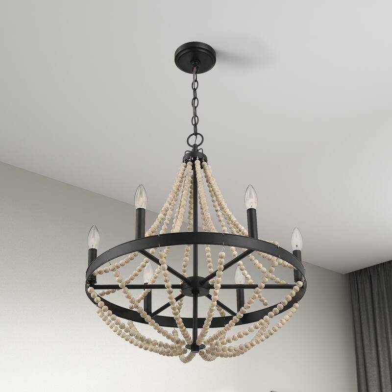 Hera Rustic 6-Light Wooden Bead Chandelier - Black