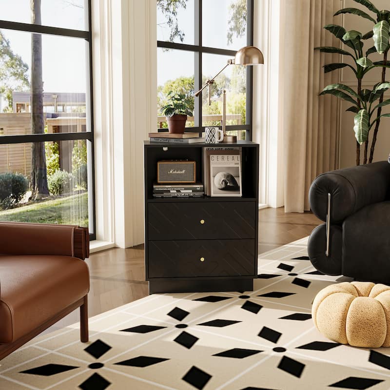 Black Side Cabinet Accent Cabinet with Gold Handles For Living Room: Geometric Texture, Open & Drawer Storage