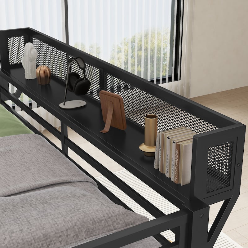 Queen Over Queen Metal Bunk Bed with Ladder and Storage Shelf for Adults Teens,Black