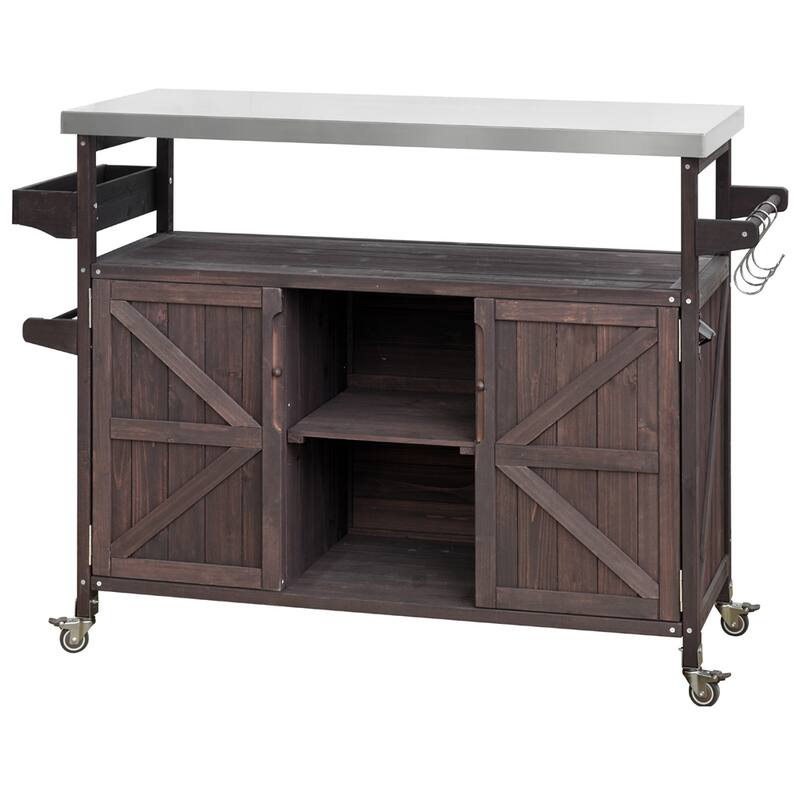 Wood Rolling Kitchen Island with Stainless Steel Top,Towel Rack