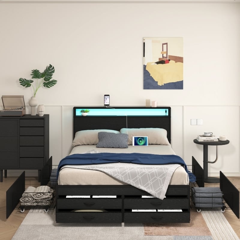 Black Platform Bed Metal Slat Support Frame with 8 Drawers, LED Headboard and Charging Station, No Box Spring Needed Storage Bed