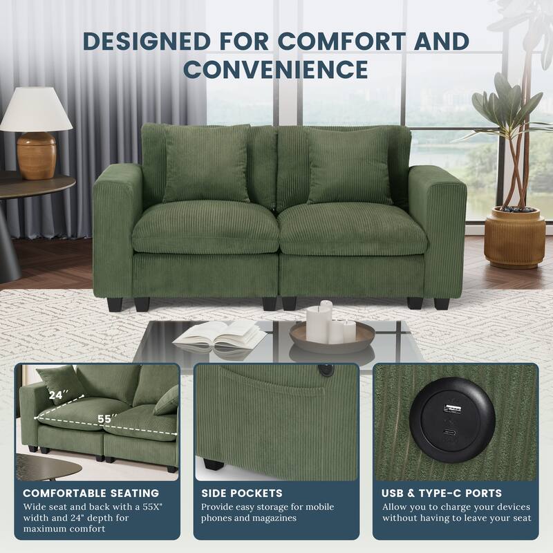 Hamilton Corduroy Upholstered Modular Loveseat with USB Port