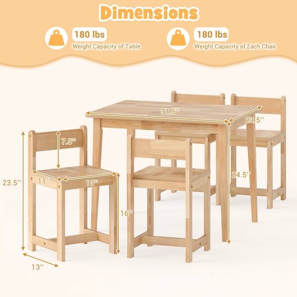 dimension image slide 1 of 2, Gymax 5-Piece Kids Table and Chairs Set Solid Rubber Wood Toddler