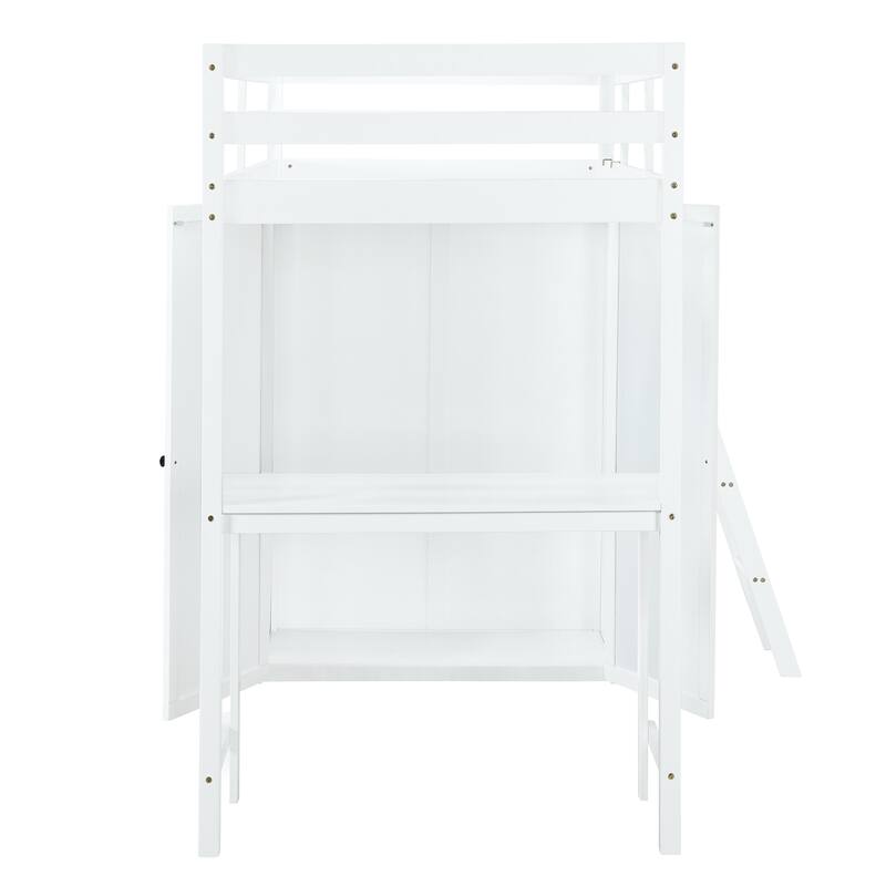 Twin/Full Size Loft Bed with Wardrobe and Desk, Durable Rubber Wood Frame