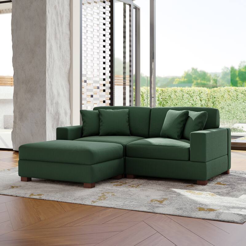 Modular Corduroy Sectional Sofa Set Chaise Couch with Ottoman - Hunter Green-3 Piece