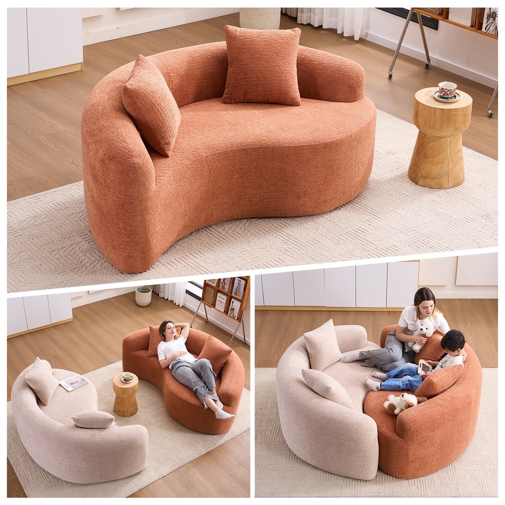 Yin-Yang Design Single Chaise Couch S-curved Chenille Sofa, Purchase 2pc for Combination into Tai Chi Round Sleeper Sofa Bed