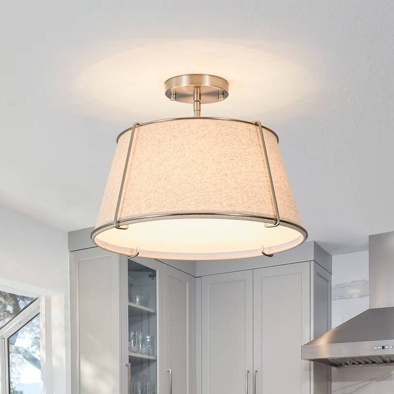 Brass 4-Light Wide Drum Linen Ceiling Light - 17in Mid-Century - Nickel-Beige Linen