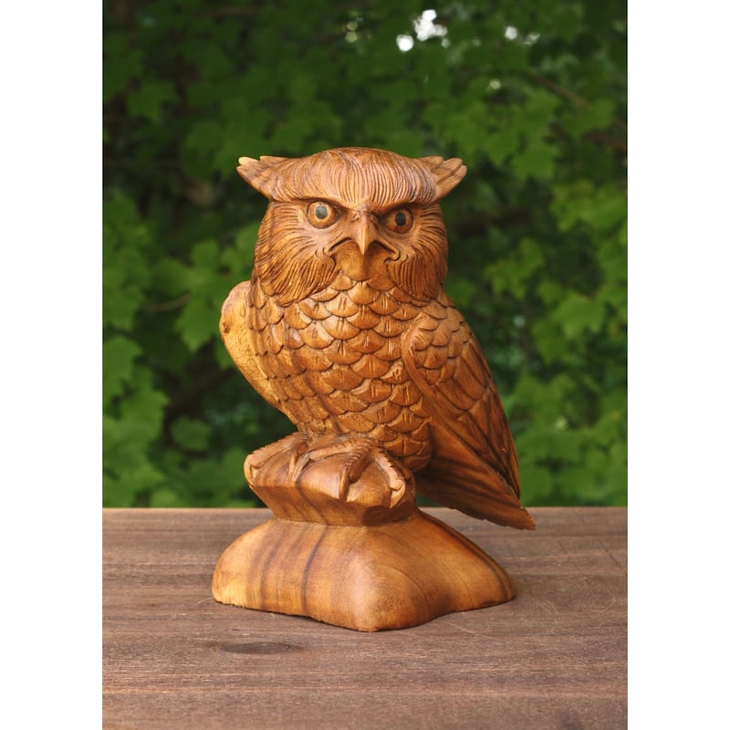 8" Wooden Handmade Owl Statue Handcrafted Figurine Art Home Decor Sculpture Wood Hand Carved Decorative Accent Decoration