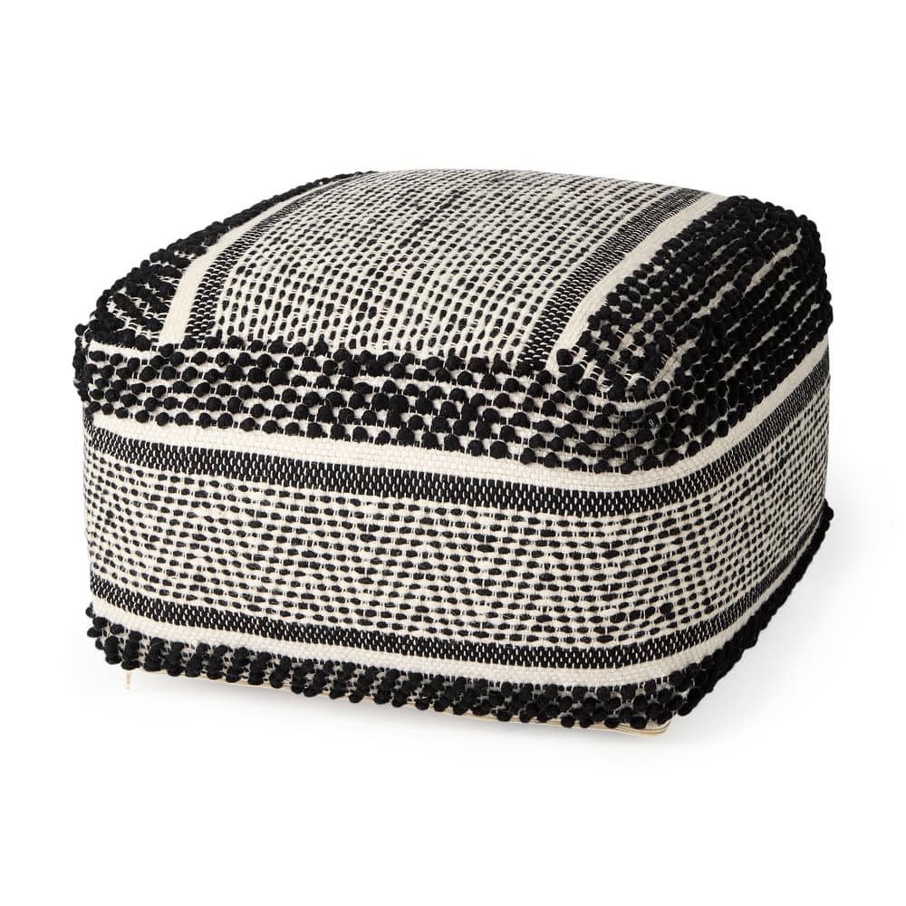 Mercana "Garima" Black & White Wool / Cotton Patterned Square Pouf