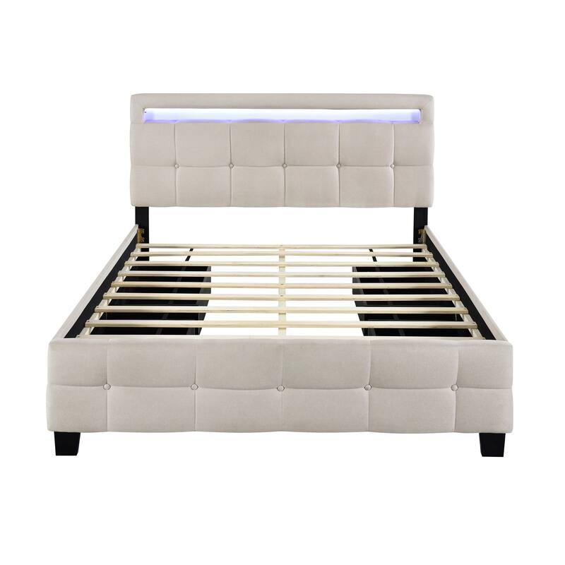 Upholstered Platform Bed with LED Frame and Drawers