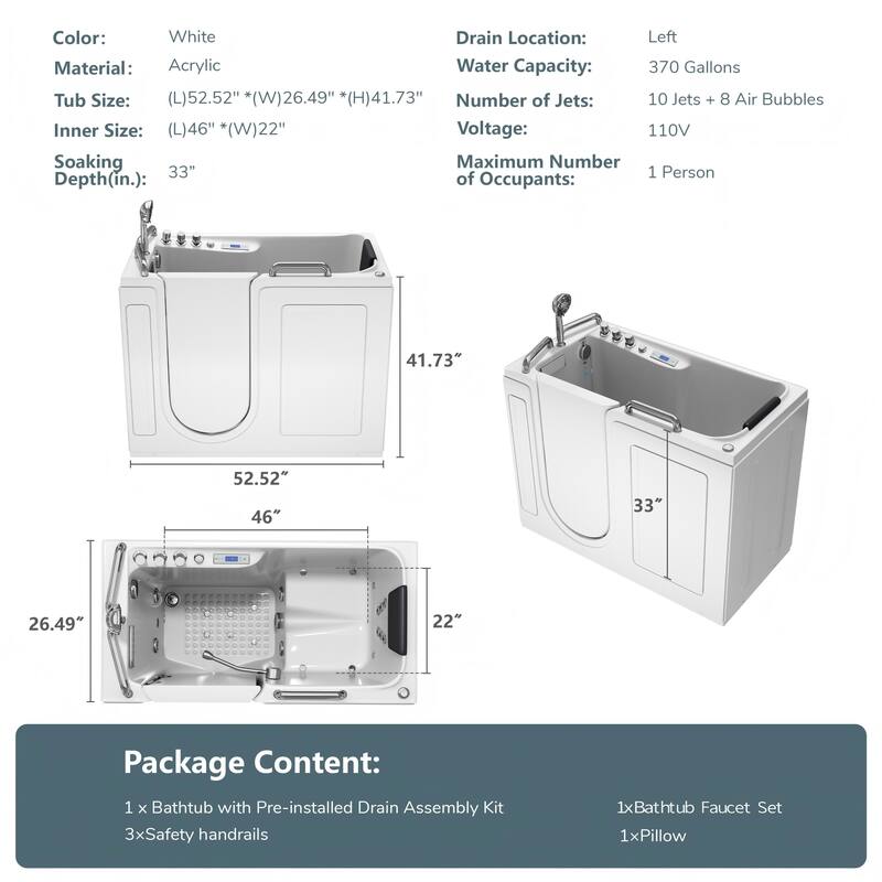 53 in. Walk-In Whirlpool & Air Acrylic Bathtub with Hydrotherapy Jets, Chromatherapy LED Light, and Aromatherapy, Built-In Seat
