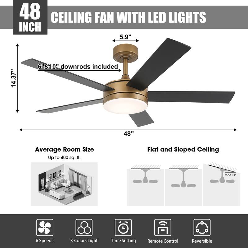 Vaczon 48" Gold Reversible Dimmable LED Smart Ceiling Fan with Light, App Comtrol and Remote