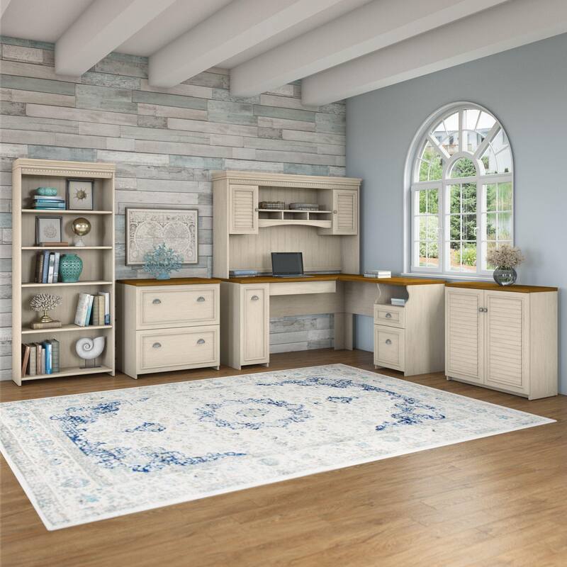 Fairview 60W Desk with Hutch, and Storage Set by Bush Furniture - Antique White/Tea Maple