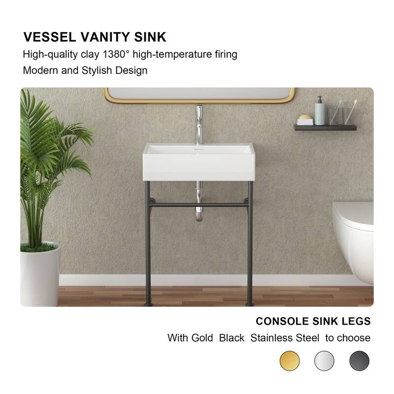 Lordear 24/30 in Ceramic White Single Bowl Console Sink Basin and Black/Gold Legs Combo with Overflow