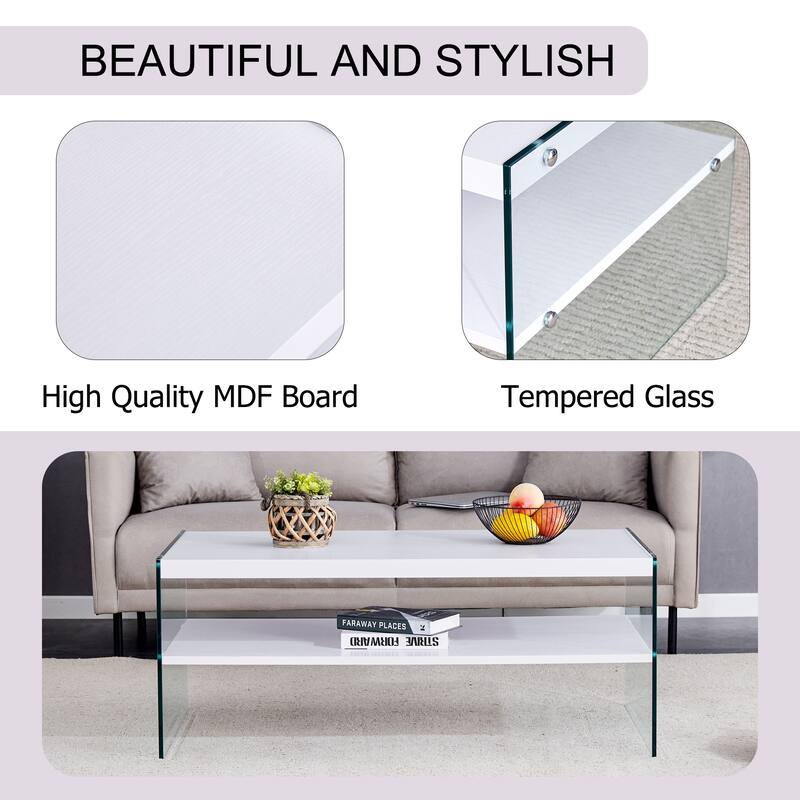 43.3" Modern Rectangular Coffee Table with Tempered Glass Legs and Storage Shelf