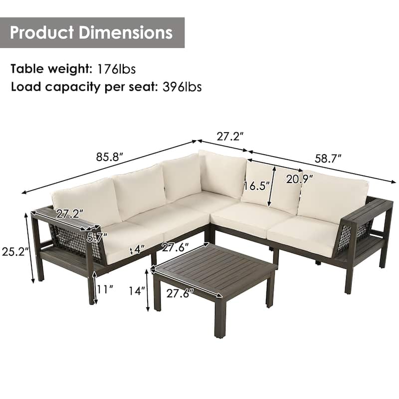 4 Pieces Outdoor Acacia Wood Sofa Set L-Shaped Patio Furniture Sofa Set with Coffee Table & Cushions, Woven Mesh Armrests
