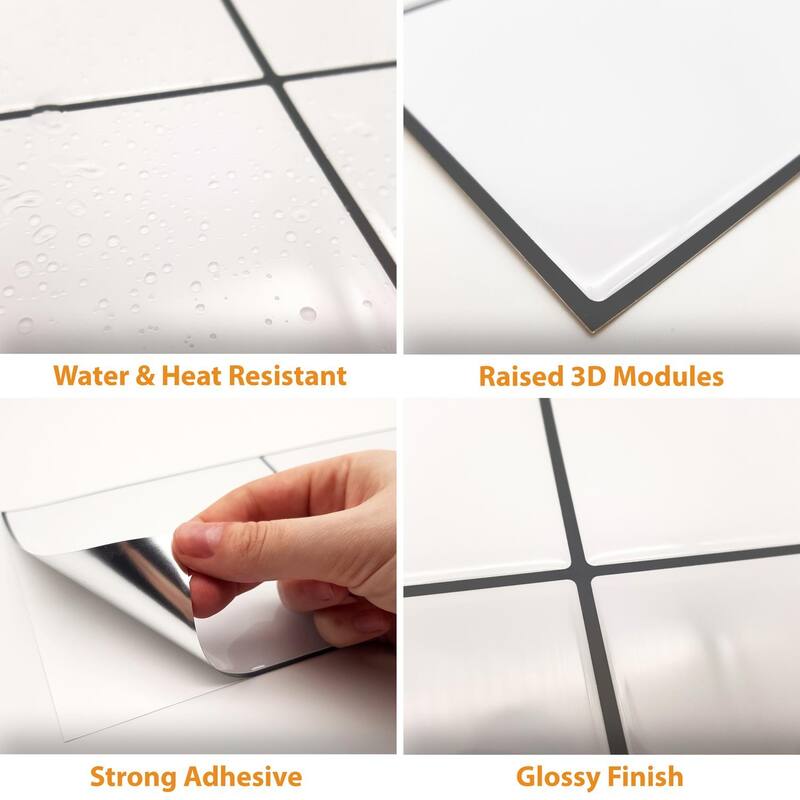 Walplus Classic White Glossy 3D Tile Sticker Peel and Stick Kitchen Backsplash