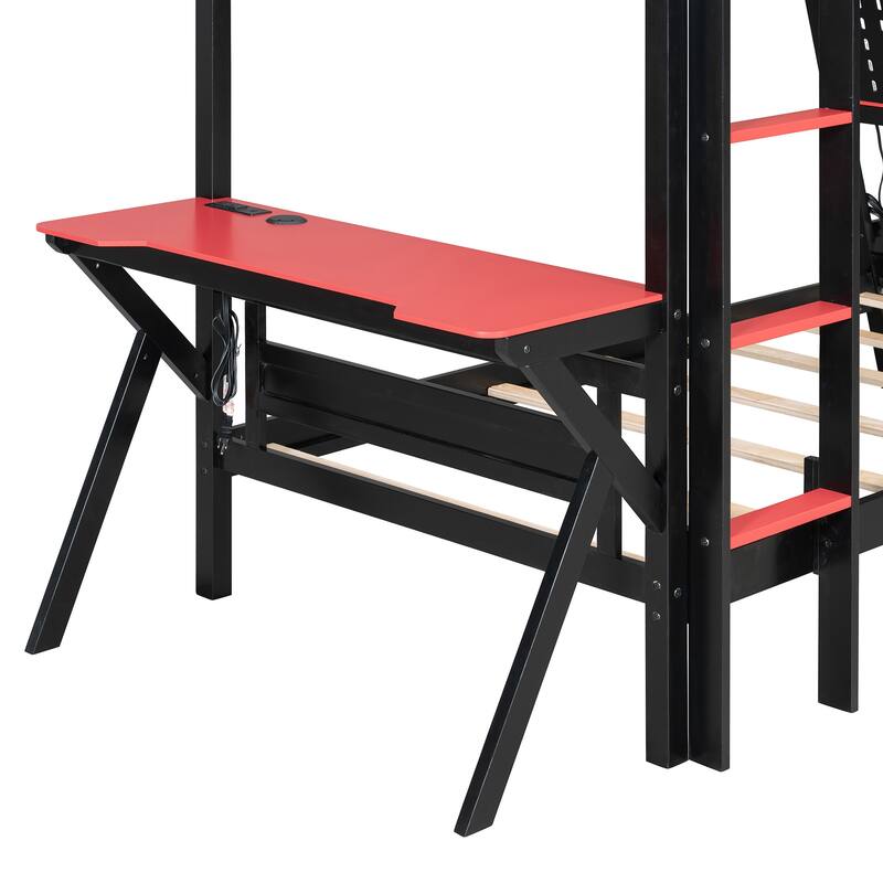 Twin Size Bunk Bed with Two Built-In Gaming Desks, USB Desktop Ports & Pegboard Organizer, Gaming Bunk Frame
