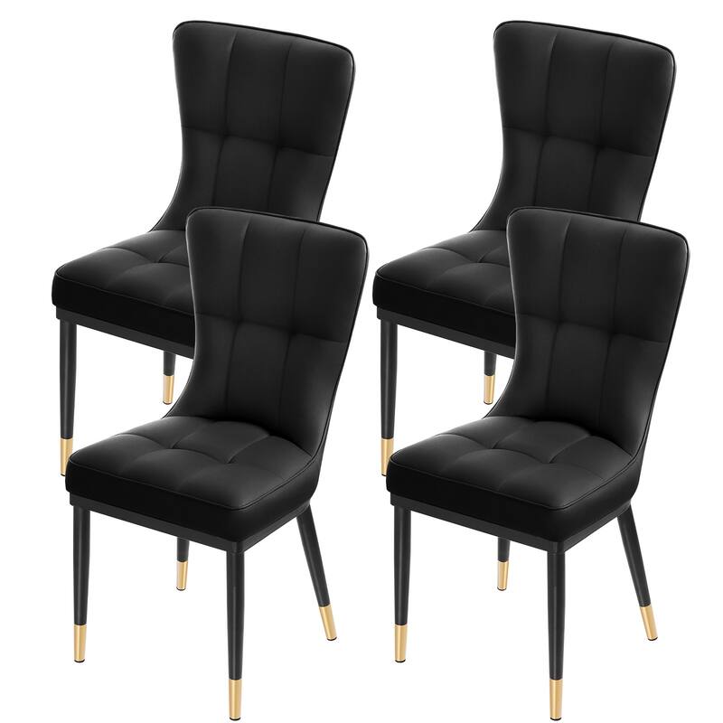 Faux Leather Upholstered Dining Chairs Set of 4 with Checked Pattern - Black--