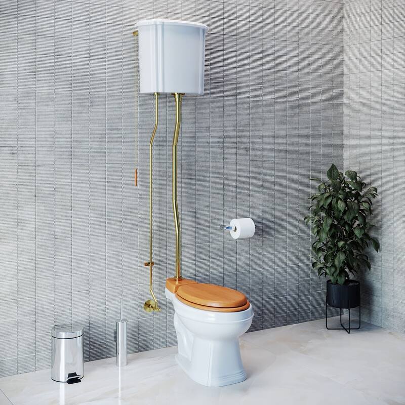 High Tank Toilet - White Ceramic Tank, Elongated Bowl and Brass PVD Z Pipes ADA Compliant Renovators Supply