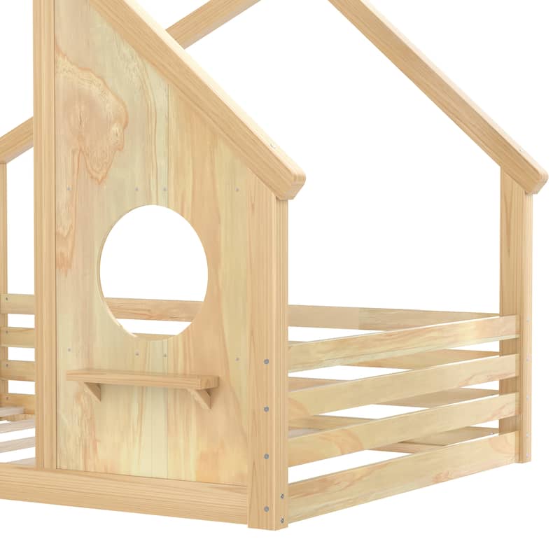 Full/Twin Size House Floor Bed with Window & Shelf, Solid Wood House-Shaped Design