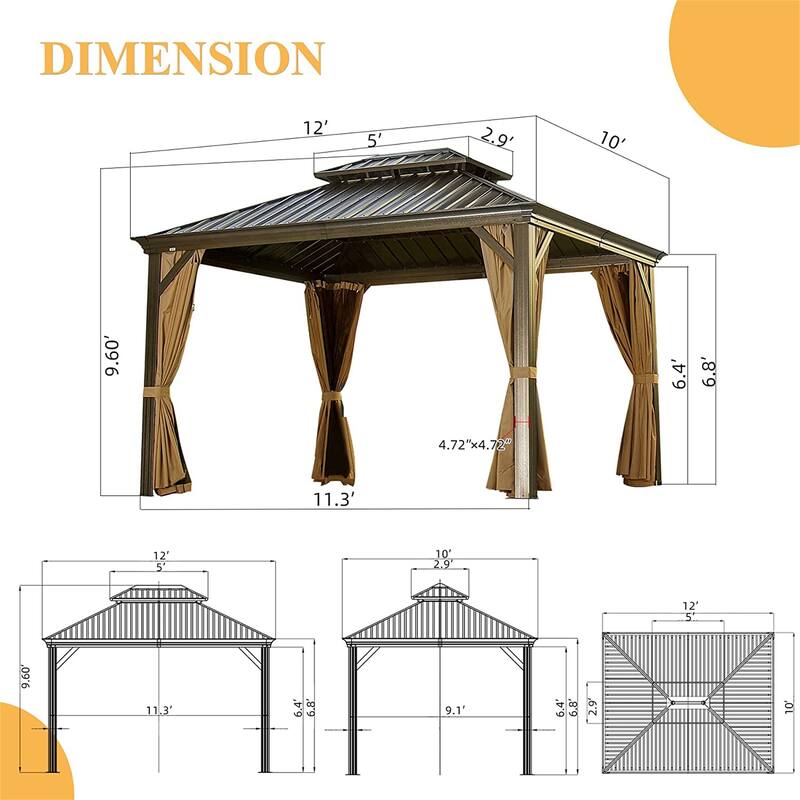 GDFStudio - Terry Outdoor Aluminum Hardtop Gazebo with Galvanized Steel Double Roof, Curtains & Netting