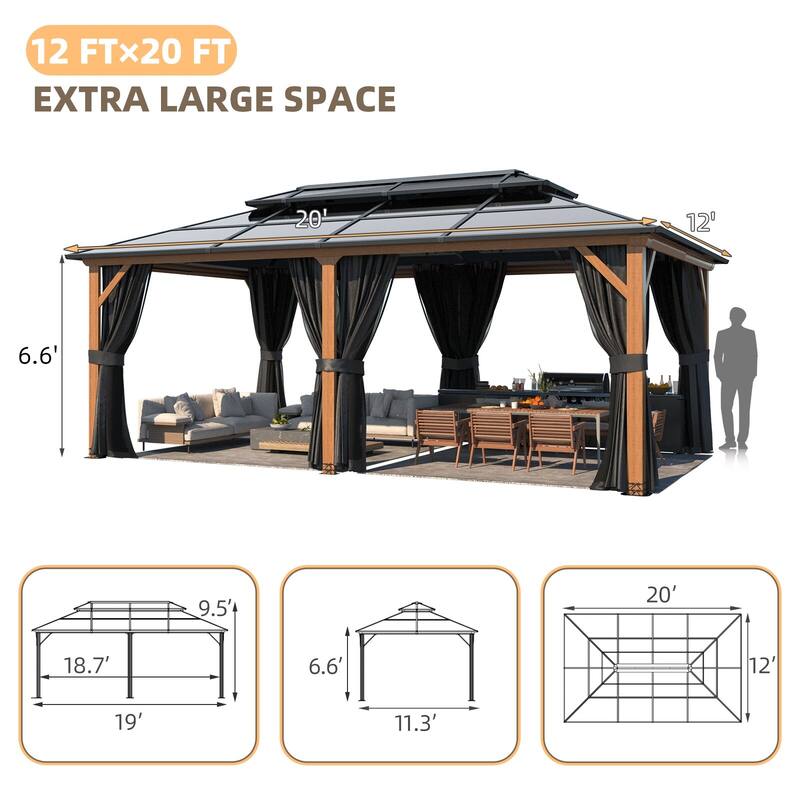 EROMMY Outdoor Wood Gazebo with Double Polycarbonate Roof, Heavy Duty Backyard Patio Pergola Canopy for Garden Shade