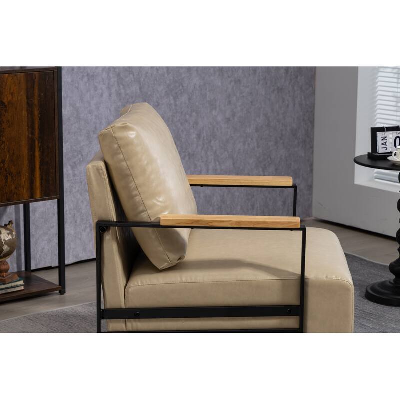 Khaki PU Modern PU Upholstered Accent Chair with Sturdy Metal Frame and Waist Cushion
