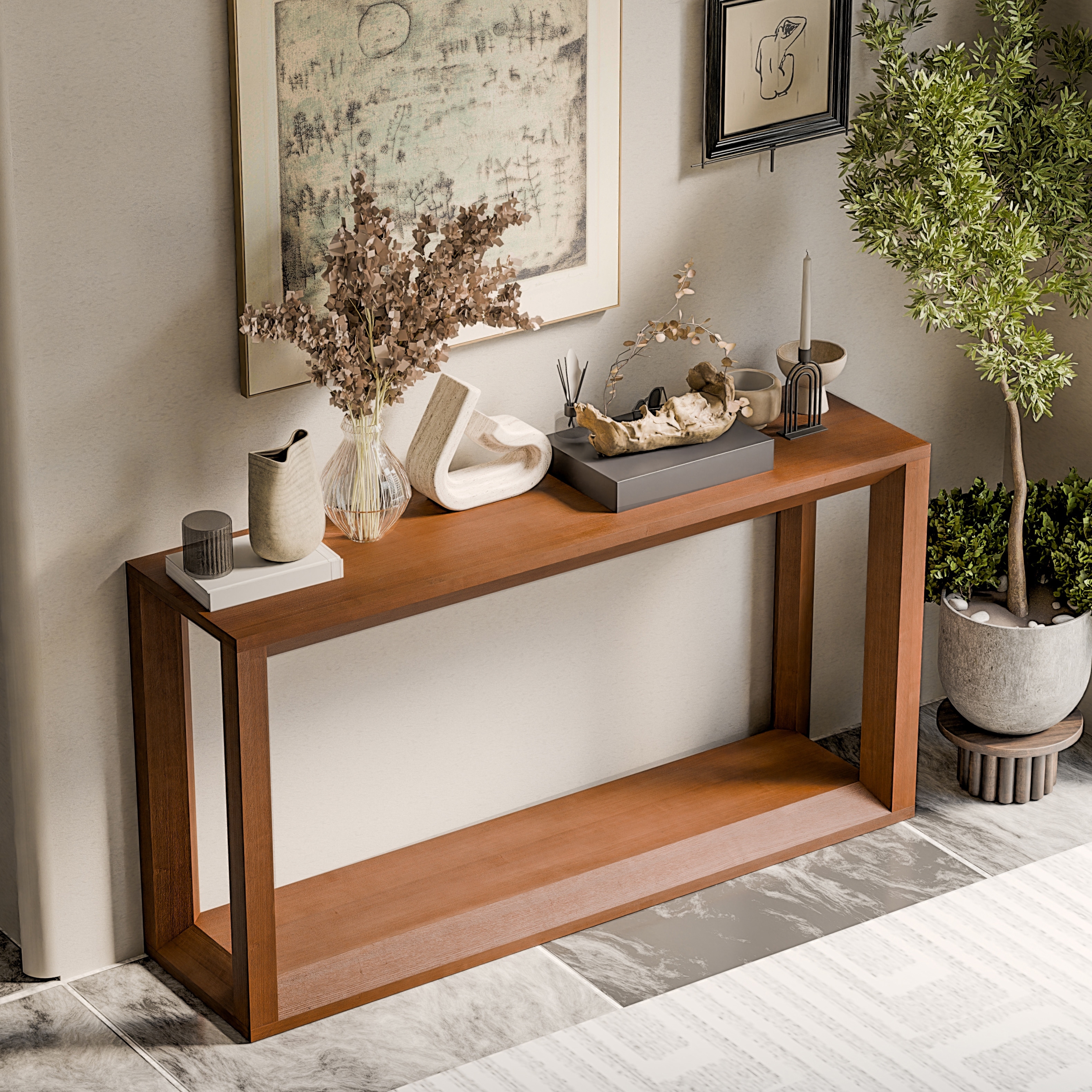 Solid Wood Veneer Console Table, 60 Inch Wide Sofa Table with Ample Storage for Entryway Organization